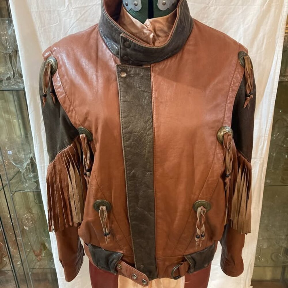 Vtg 1980 brown fringe western cowboy brown/tan leather jacket mens sz medium